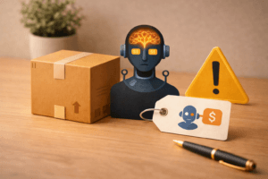 A photo-realistic blog header showing a small cardboard delivery box, a robot icon and warning symbol on a warm wooden desk, representing agentic AI shopping and automation.